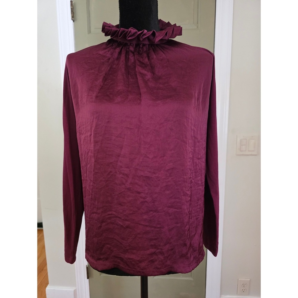 Banana Republic Ruffle High Neck Mixed Media Top Burgundy XS NEW